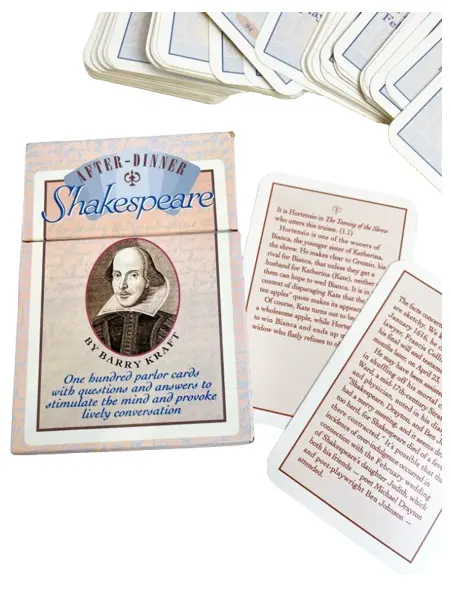 Foto de um(a) Cards em inglês com 100 perguntas e respostas sobre Willian Shakespeare, da categoria de Jogos de cartas. Cards em inglês com 100 perguntas e respostas sobre Willian Shakespeare e suas obras, para estimular a mente e provocar... Vendido no marketplace Trésors.