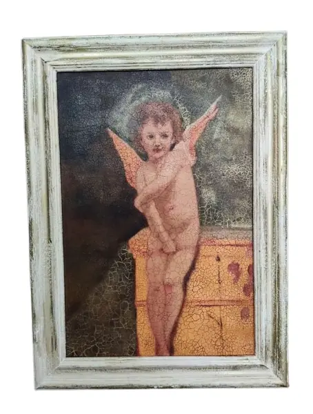 Foto de um(a) Anjo Acrílico sobre Tela, da categoria de Pinturas. Quadro em acrílico sobre tela de anjo com técnica de envelhecimento e craquelamento, moldura provençal com pátina dourada.... Vendido no marketplace Trésors.