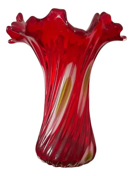 Foto de um(a) Antigo Vaso Jarro Em Murano Italiano Vermelho Art Deco, da categoria de Vasos. ~ Italy Glass ~Antigo e sofisticado vaso artístico em Murano Italiano soufflé gomado, com a borda plissada, cor vermelho... Vendido no marketplace Trésors.