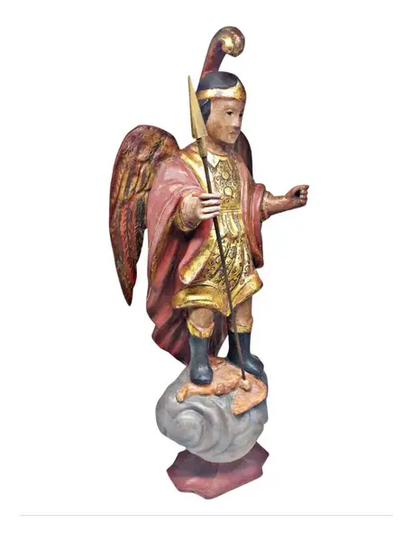 Foto de um(a) Antiga Imagem sacra São Miguel arcanjo, da categoria de Objetos de parede esculturais. Antiga imagem sacra "São Miguel Arcanjo" em madeira com rica policromia e douração. Olhos de vidro. Brasil século XXMed.: 54... Mostrado de uma perspectiva diferente. Vendido no marketplace Trésors.