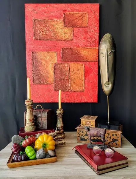 Foto de um(a) Acrílico Red Geométrico, da categoria de Pinturas. Quadro geométrico em acrílico texturizado sobre tela. Artista catarinense fabiana de paris. A: 80 cm L: 60 cm. Mostrado de uma perspectiva diferente. Vendido no marketplace Trésors.