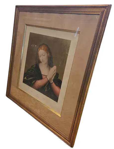 Foto de um(a) Antiga Madonna - Print Original Western Germany (1955), da categoria de Fotografia. Uma peça de colecionador que une fé e história. Esta gravura da Madonna (Virgem Maria), datada de 1955, é um exemplar... Mostrado de uma perspectiva diferente. Vendido no marketplace Trésors.