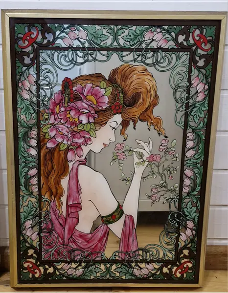 Foto de um(a) Magnífica e antiga pintura estilo Art Nouveau sobre espelho, da categoria de Pinturas. Excepcional quadro com pintura esmaltada sobre o espelho, um exemplo de arte decorativa inspirada no movimento Art Nouveau,... Mostrado de uma perspectiva diferente. Vendido no marketplace Trésors.
