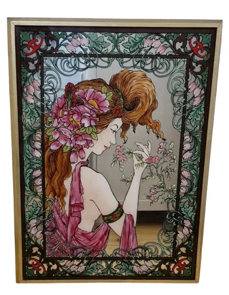 Foto de um(a) Magnífica e antiga pintura estilo Art Nouveau sobre espelho, da categoria de Pinturas. Excepcional quadro com pintura esmaltada sobre o espelho, um exemplo de arte decorativa inspirada no movimento Art Nouveau,... Vendido no marketplace Trésors.