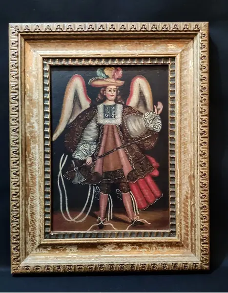 Foto de um(a) Quadro Cusquenho São Miguel, Década de 1970, da categoria de Pinturas. Quadro cusquenho com representação de são miguel com vestes renascentistas em óleo sobre tela, e moldura entalhada em... Mostrado de uma perspectiva diferente. Vendido no marketplace Trésors.