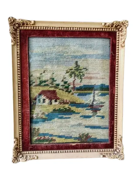 Foto de um(a) Quadro Ponto de Cruz Anos 50, da categoria de Arte têxtil. Quadro em ponto de cruz com moldura original, passe-partout original em veludo (desgaste do tempo) e vidro comum, década de... Vendido no marketplace Trésors.