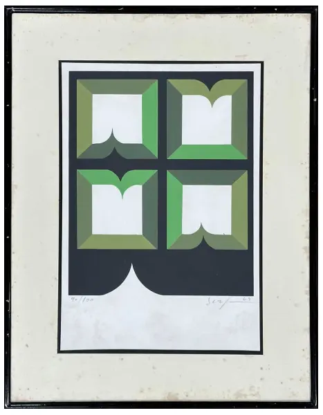 Foto de um(a) Ivan Serpa, Geométrico, datado de 1969 é uma serigrafia exemplar 90 de 100, medindo 36x25cm (obra) e 50 x 38 (com moldura) assinado a mão, da categoria de Serigrafia. O carioca Ivan Serpa (1923-1973) foi um artista de extensa produção, professor e formador do Grupo Frente, um marco... Vendido no marketplace Trésors.
