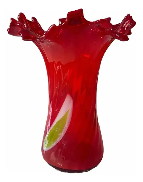 Foto de um(a) Antigo Grande Legítimo Vaso Murano Italiano Vermelho A. Deco, da categoria de Vasos. ~ Italy Glass ~Antigo e grande vaso artístico em Murano Italiano soufflé gomado com a borda plissada, cor vermelho rubi com... Vendido no marketplace Trésors.