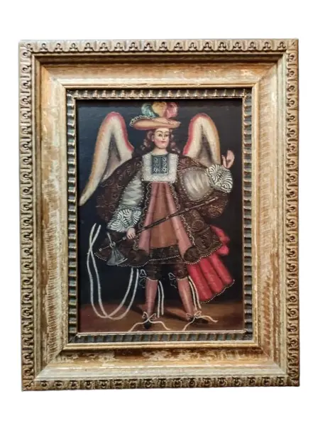 Foto de um(a) Quadro Cusquenho São Miguel, Década de 1970, da categoria de Pinturas. Quadro cusquenho com representação de são miguel com vestes renascentistas em óleo sobre tela, e moldura entalhada em... Vendido no marketplace Trésors.