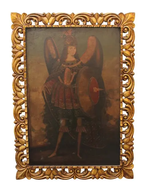 Foto de um(a) Quadro Cusquenho OSD de São Miguel arcanjo, da categoria de Outros objetos decorativos. Antigo e suntuoso quadro cusquenho OSD com figura de São Miguel arcanjo com moldura nobre, ricamente trabalhada com douração... Vendido no marketplace Trésors.