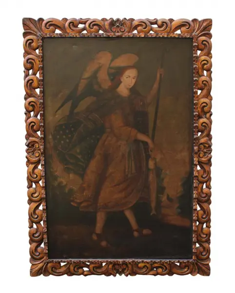 Foto de um(a) Quadro Cusquenho OSD Arcanjo Rafael, da categoria de Pinturas. ARTE SACRA - Antigo e suntuoso quadro cusquenho OSD com figura Arcanjo Rafael, na tradição cristã, Rafael aparece como guia... Vendido no marketplace Trésors.
