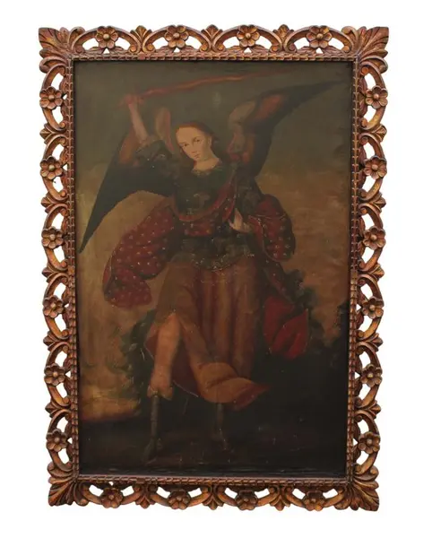 Foto de um(a) Quadro Cusquenho OSD Arcanjo, da categoria de Pinturas. Antigo e suntuoso quadro cusquenho OSD com figura Arcanjo com moldura nobre, ricamente trabalhada com douração e levemente... Vendido no marketplace Trésors.