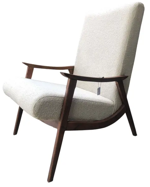 Foto de um(a) Par de Poltronas Modernistas Buclê Off-White, da categoria de Poltronas. Par de Poltronas Modernistas Anos 50/60 em Madeira Maciça e Tecido Buclê Off-White. Mostrado de uma perspectiva diferente. Vendido no marketplace Trésors.