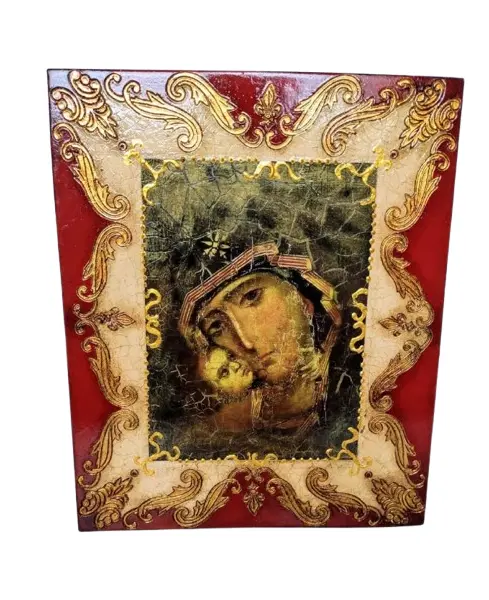Foto de um(a) Arte Bizantina Anos 80, da categoria de Objetos religiosos e espirituais. Ícone com gravura bizantina envelhecida e moldura com técnica florentina (técnica artesanal que fazem entalhes na madeira... Vendido no marketplace Trésors.