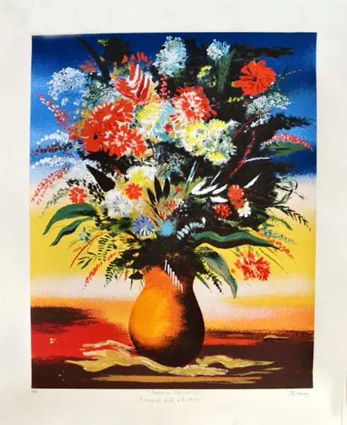 Foto de um(a) Enrico Bianco - Vaso com Flores. Serigrafia 62 x 50 cm P.A., assinada a mão e sem moldura - Tiragem especial, original de 1943, da categoria de Serigrafia. Enrico Bianco (1918 - 2013). Pintor, gravador, desenhista e ilustrador. Inicia seus estudos com Maud Latour, em Roma, na... Vendido no marketplace Trésors.