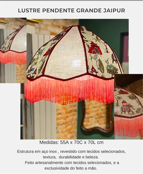 Foto de um(a) Lustre Pendente Grande JAIPUR, da categoria de Lustres. Medidas: 55A x 70C x 70L cm Estrutura em aço inox, revestido com tecidos selecionados, textura, durabilidade e beleza. Feito... Mostrado de uma perspectiva diferente. Vendido no marketplace Trésors.