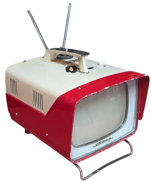 Foto de um(a) TV Antiga Portátil Sharp TRP-801 – Rara – Anos 60 – Design Space Age – Vermelha e Branca, da categoria de Outros colecionáveis. Relíquia para Colecionadores: Televisão Vintage Sharp Model TRP-801 Apresentamos a icônica Sharp TRP-801, um marco da... Mostrado de uma perspectiva diferente. Vendido no marketplace Trésors.