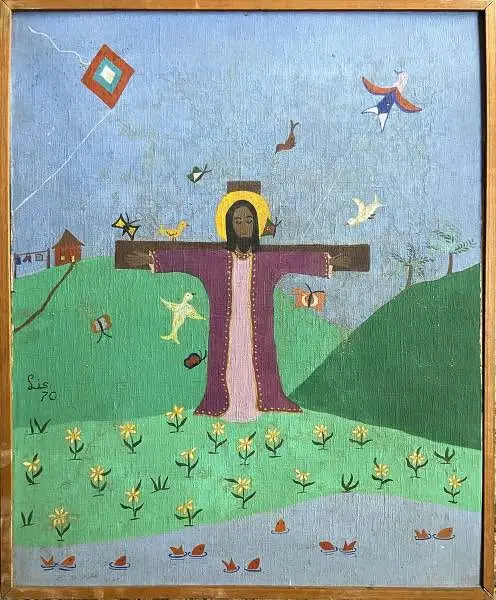 Foto de um(a) Pintura Naif, da categoria de Pinturas. Lis. Cristo Crucificado. Óleo sobre tela. 60 x 49 cm. 1970. Medida total com a moldura: 62 x 51,5 cm. Vendido no marketplace Trésors.