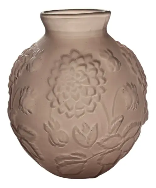 Foto de um(a) Antigo Vaso Art Deco Vidro Francês Satiné Floral Carrillo, da categoria de Vasos. ~ Made in France | Carrillo Glass ~Antigo vaso bojudo em vidro artístico francês satiné, decoração floral moldada em relevo.... Vendido no marketplace Trésors.