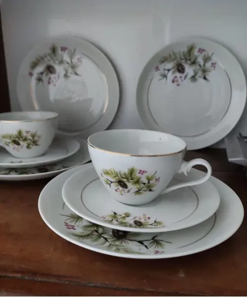Foto de um(a) Conjunto de café porcelana Steatita Anos 60, da categoria de Conjuntos de café e chá. Jogo de café steatita em porcelana branca com flores de castanheira e filete de ouro, 26 peças compõem esse clássico da... Mostrado de uma perspectiva diferente. Vendido no marketplace Trésors.