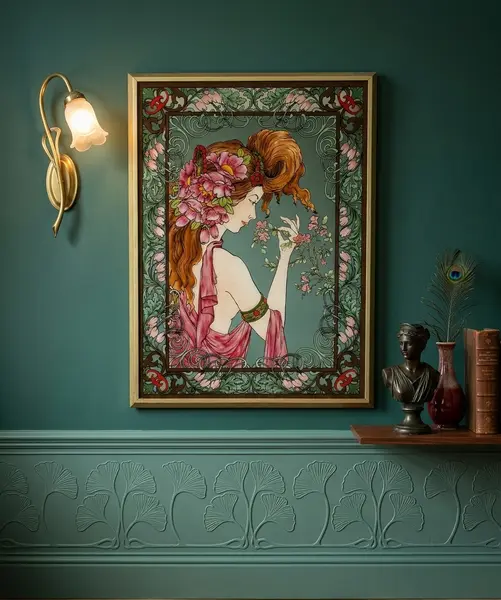 Foto de um(a) Magnífica e antiga pintura estilo Art Nouveau sobre espelho, da categoria de Pinturas. Excepcional quadro com pintura esmaltada sobre o espelho, um exemplo de arte decorativa inspirada no movimento Art Nouveau,... Mostrado de uma perspectiva diferente. Vendido no marketplace Trésors.