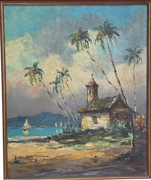 Foto de um(a) Óleo sobre Tela – Paisagem Tropical com Capela e Coqueirais (1994), da categoria de Pinturas. Esta belíssima obra em óleo sobre tela, datada de 1994, apresenta uma cena litorânea serena e rica em texturas, capturando a... Mostrado de uma perspectiva diferente. Vendido no marketplace Trésors.