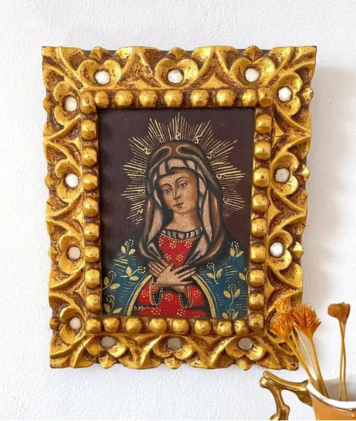Foto de um(a) Pintura Cuzquenha, da categoria de Pinturas. Pintura cuzquenha sobre madeira, representando a Santa equatoriana, Mariana de Jesus Paredes Y Flores ou Açucena de Quito,... Mostrado de uma perspectiva diferente. Vendido no marketplace Trésors.