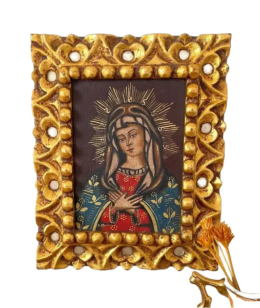 Foto de um(a) Pintura Cuzquenha, da categoria de Pinturas. Pintura cuzquenha sobre madeira, representando a Santa equatoriana, Mariana de Jesus Paredes Y Flores ou Açucena de Quito,... Mostrado de uma perspectiva diferente. Vendido no marketplace Trésors.