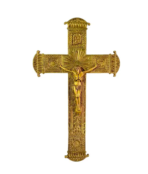 Foto de um(a) Crucifixo em metal dourado, da categoria de Objetos religiosos e espirituais. Crucifixo em metal dourado. Rico em detalhes Mede:A 24cm L 15cm. Vendido no marketplace Trésors.