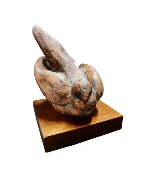 Foto de um(a) Escultura Pombo em Terracota e Madeira, Década de 1980, da categoria de Escultura. Escultura de um pombo em terracota com pátina envelhecida e base em madeira de cedro. Peça única, assinada mas ilegível,... Vendido no marketplace Trésors.