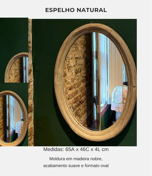 Foto de um(a) Espelho Natural, da categoria de Espelhos. Moldura em madeira nobre, acabamento suave e formato oval. Mostrado de uma perspectiva diferente. Vendido no marketplace Trésors.