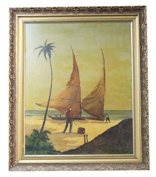 Foto de um(a) Quadro OST com paisagem de velas e pescador, da categoria de Pinturas. Belo quadro OST com paisagem de velas e pescador na praia em policromia. Possui exuberante moldura em madeira nobre e... Vendido no marketplace Trésors.