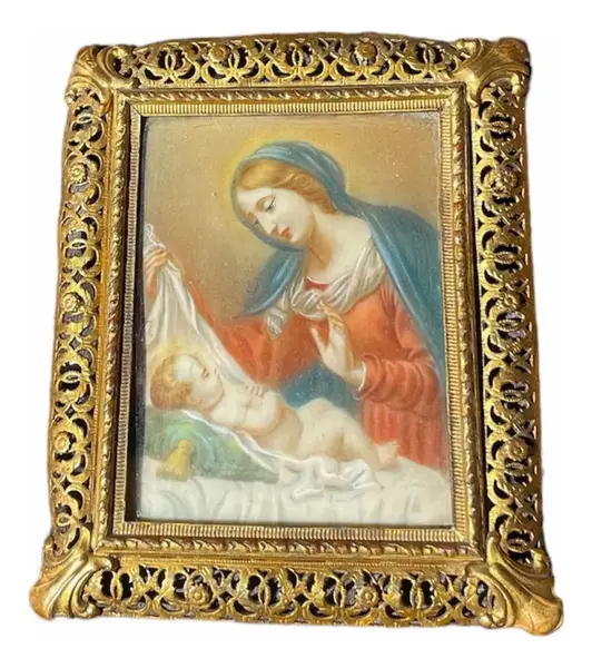 Foto de um(a) Arte Sacra Antigo Quadrinho Nossa Senhora Portrait Miniature, da categoria de Objetos religiosos e espirituais. Uma jóia de quadrinho italiano. Belíssima pintura a óleo em folha de marfim. Riqueza em todos os detalhes, a moldura é em... Vendido no marketplace Trésors.