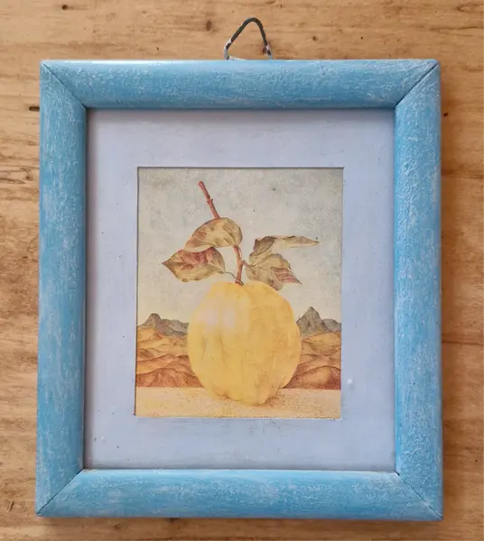 Foto de um(a) Encanto Vintage: Quadro Decorativo de Marmelo, da categoria de Gravuras. Este delicado quadro pequeno de 15x13cm traz uma charmosa ilustração clássica de um marmelo em tons suaves, emoldurada por... Mostrado de uma perspectiva diferente. Vendido no marketplace Trésors.
