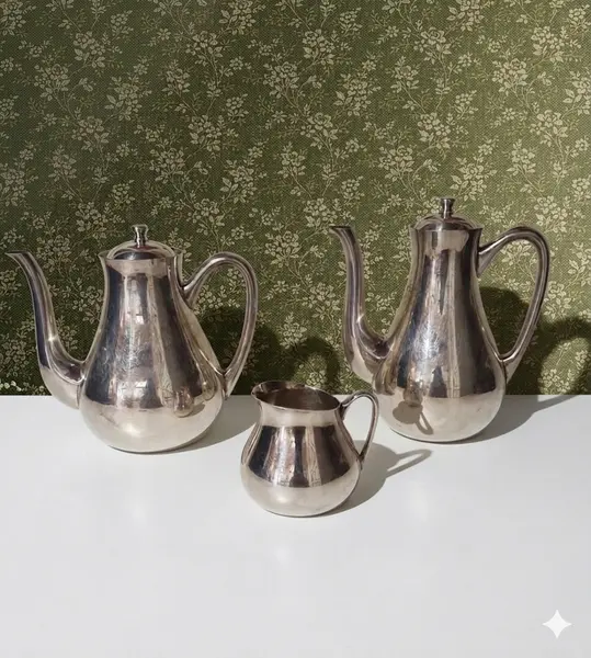 Foto de um(a) Lindo conjunto chá e café Wolff de metal espessurado a prata, da categoria de Bules. Belíssimo conjunto Wolff para chá e café confeccionado em metal espessurado à prata, estilo Art Déco do século XX. Composto... Mostrado de uma perspectiva diferente. Vendido no marketplace Trésors.