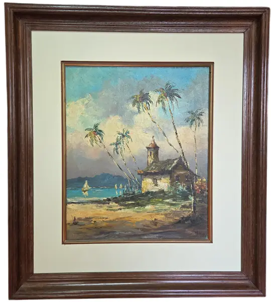 Foto de um(a) Óleo sobre Tela – Paisagem Tropical com Capela e Coqueirais (1994), da categoria de Pinturas. Esta belíssima obra em óleo sobre tela, datada de 1994, apresenta uma cena litorânea serena e rica em texturas, capturando a... Vendido no marketplace Trésors.