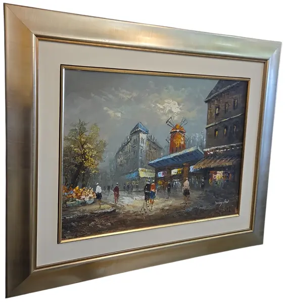 Foto de um(a) Quadro Pintura Óleo sobre Tela "Paris, Moulin Rouge" – Danny Law (Assinado), da categoria de Pinturas. Uma vibrante e nostálgica obra de arte em estilo impressionista assinada por Danny Law, retratando a efervescência das ruas... Mostrado de uma perspectiva diferente. Vendido no marketplace Trésors.