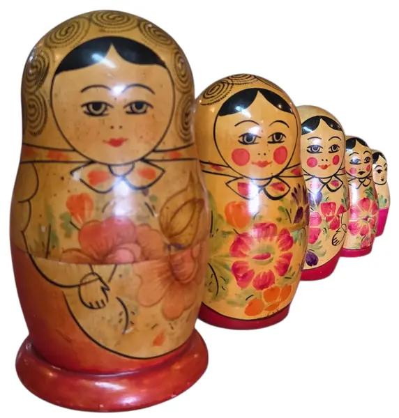Foto de um(a) Matrioska Russa Vintage (USSR) - Conjunto com 5 Bonecas Pintadas à Mão, da categoria de Bonecas. Relíquia soviética autêntica para colecionadores e amantes de decoração vintage! Este belo conjunto de Matrioskas (bonecas... Vendido no marketplace Trésors.