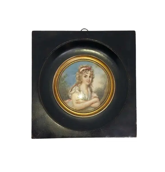 Foto de um(a) Antigo Quadrinho Miniature Portrait Camafeu Pintado À Mão, da categoria de Pinturas. Antigo quadrinho pintado à mão em folha de marfim.Moldura em madeira com bronze doré ao redor da pintura. Início do século... Vendido no marketplace Trésors.