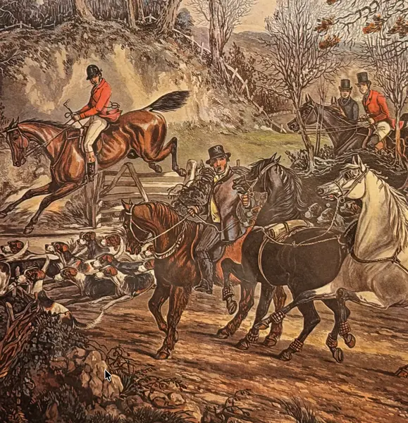 Foto de um(a) Gravura com Moldura em Jacaranda - THE FIRST INTRODUCTION TO HOUNDS. Gravura by J.Harris Pintado by H. Alken., da categoria de Desenhos. Este quadro é um verdadeiro encontro entre arte, história e matéria-prima nobre. A cena retrata uma tradicional caçada a... Mostrado de uma perspectiva diferente. Vendido no marketplace Trésors.