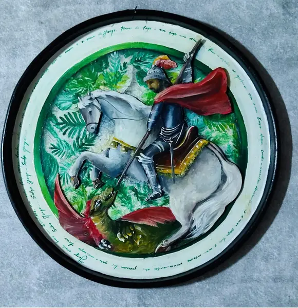Foto de um(a) Mandala São Jorge, Pintada a Mão, Década de 1980, da categoria de Objetos religiosos e espirituais. Mandala de são jorge, ogum na umbanda, comemorado dia 23 de abril e venerado pelo mundo todo. Mandala feita em uma tampa de... Mostrado de uma perspectiva diferente. Vendido no marketplace Trésors.