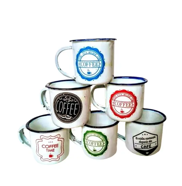 Foto de um(a) Canequinhas Esmaltadas, da categoria de Canecas. Canecas de cafézinho esmaltadas e customizadas. A: 4,7cm / Diâmetro: 5 cm peso: 28g cada 06 unidades. Vendido no marketplace Trésors.
