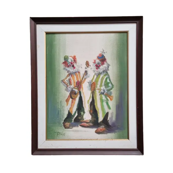 Foto de um(a) Quadro Antigo de Palhaços, da categoria de Pinturas. Quadro antigo de palhaços, óleo sobre tela moldura em madeira original. Vendido no marketplace Trésors.