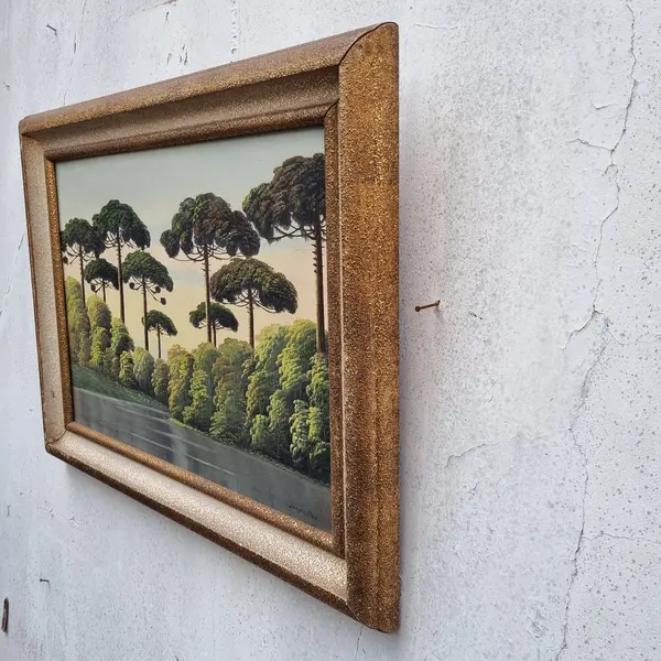 Foto de um(a) Pintura de Óleo Sobre Tela Jansen Filho Representando Araucárias, da categoria de Pinturas. Pintura óleo sobre tela de Jansen Filho representando Araucárias - Moldura de Madeira. Mostrado de uma perspectiva diferente. Vendido no marketplace Trésors.