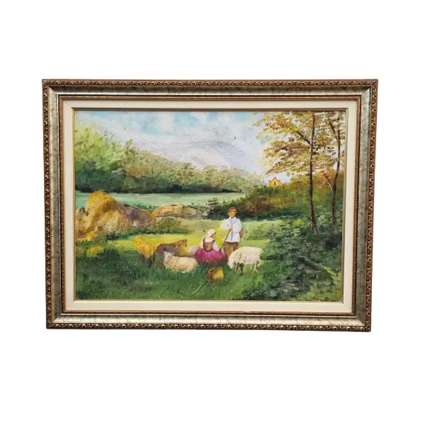 Foto de um(a) Pintura Óleo Sobre Tela Representando Casal e Natureza, da categoria de Pinturas. Óleo sobre tela antigo , moldura em madeira. Vendido no marketplace Trésors.