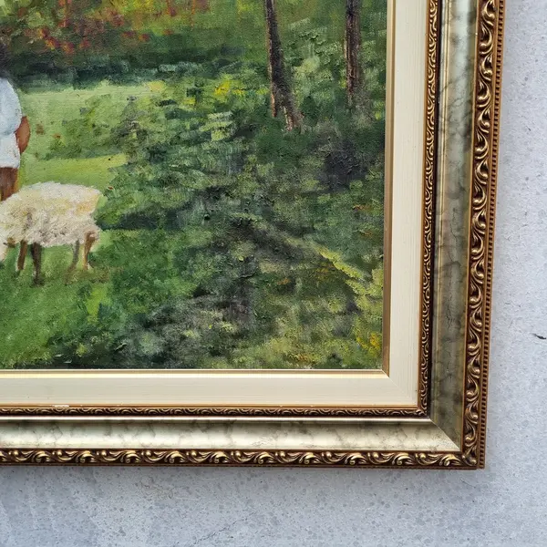 Foto de um(a) Pintura Óleo Sobre Tela Representando Casal e Natureza, da categoria de Pinturas. Óleo sobre tela antigo , moldura em madeira. Mostrado de uma perspectiva diferente. Vendido no marketplace Trésors.
