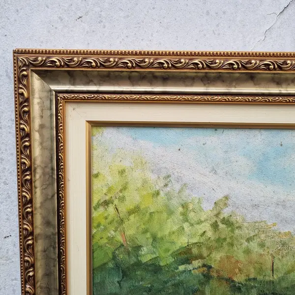 Foto de um(a) Pintura Óleo Sobre Tela Representando Casal e Natureza, da categoria de Pinturas. Óleo sobre tela antigo , moldura em madeira. Mostrado de uma perspectiva diferente. Vendido no marketplace Trésors.
