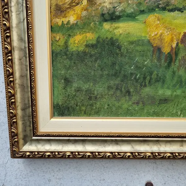 Foto de um(a) Pintura Óleo Sobre Tela Representando Casal e Natureza, da categoria de Pinturas. Óleo sobre tela antigo , moldura em madeira. Mostrado de uma perspectiva diferente. Vendido no marketplace Trésors.