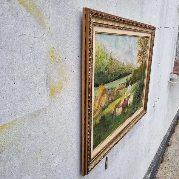 Foto de um(a) Pintura Óleo Sobre Tela Representando Casal e Natureza, da categoria de Pinturas. Óleo sobre tela antigo , moldura em madeira. Mostrado de uma perspectiva diferente. Vendido no marketplace Trésors.