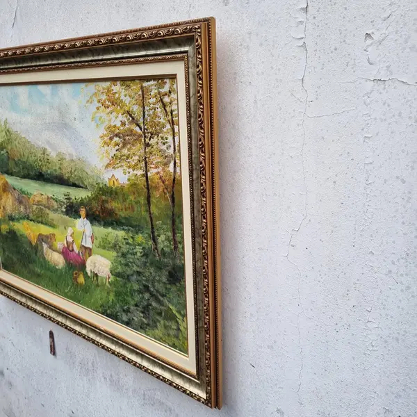 Foto de um(a) Pintura Óleo Sobre Tela Representando Casal e Natureza, da categoria de Pinturas. Óleo sobre tela antigo , moldura em madeira. Mostrado de uma perspectiva diferente. Vendido no marketplace Trésors.